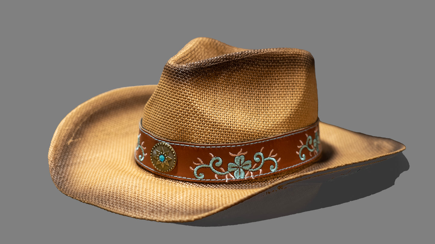 Leather embroidered flowers fragrant papyrus reed straw cowboy hat: