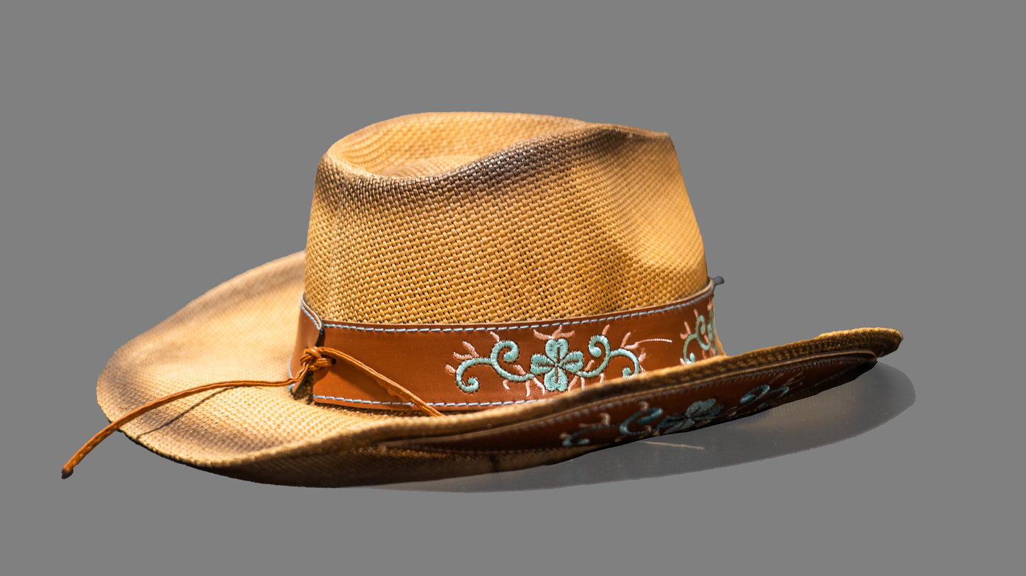 Leather embroidered flowers fragrant papyrus reed straw cowboy hat: