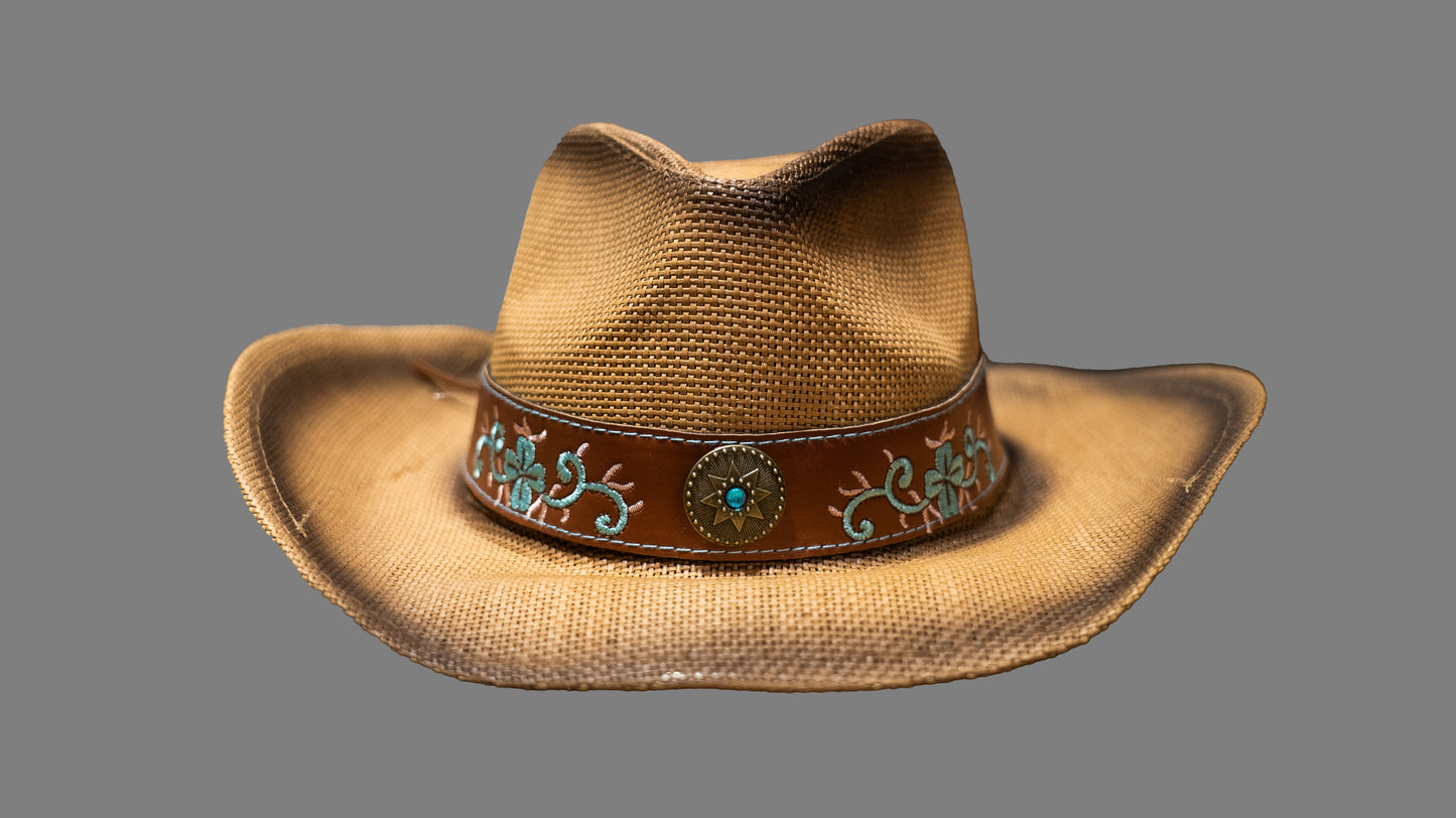 Leather embroidered flowers fragrant papyrus reed straw cowboy hat: