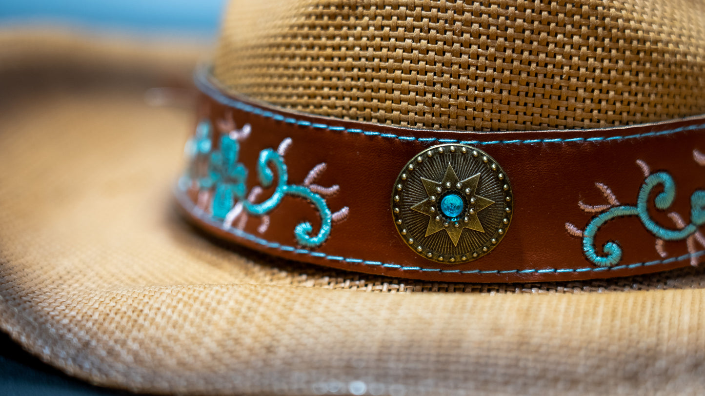 Leather embroidered flowers fragrant papyrus reed straw cowboy hat: