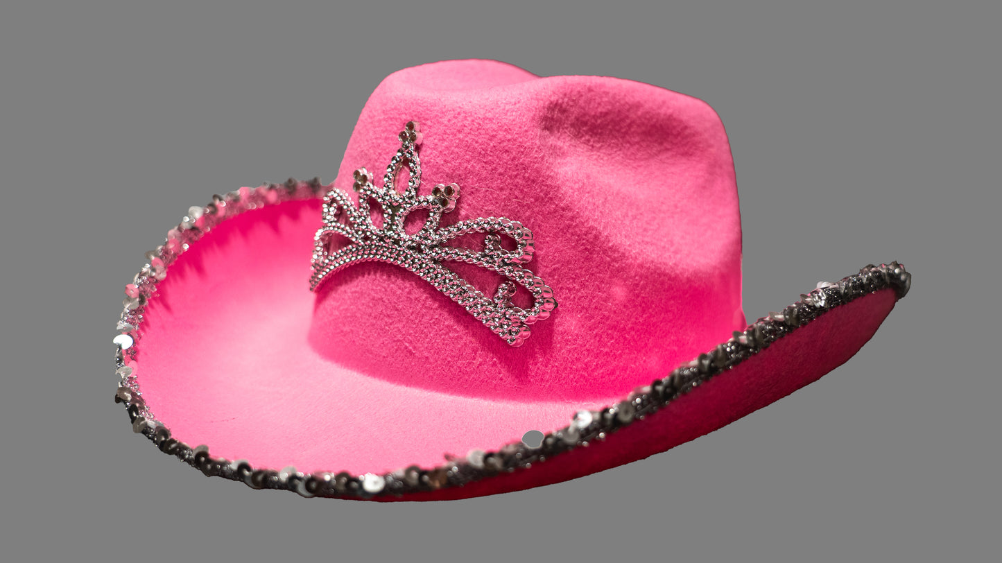 sequin glitter pink cowboy cowgirl party hat LED queen princess crown