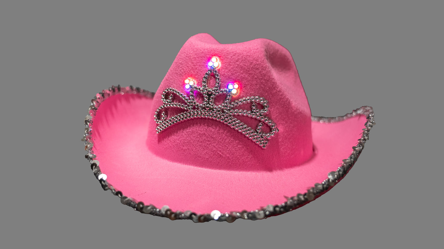 sequin glitter pink cowboy cowgirl party hat LED queen princess crown