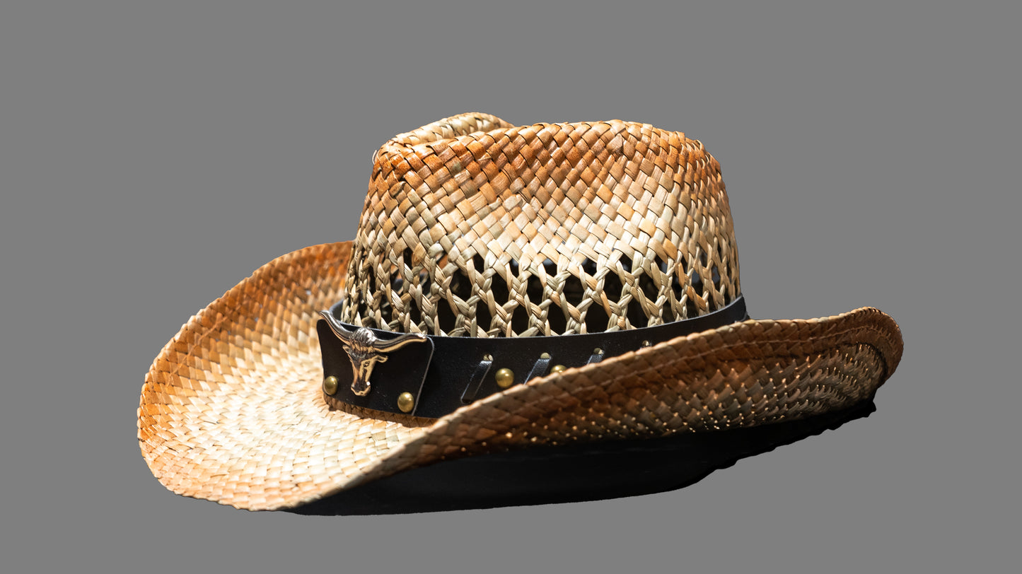 Cowhead leather band Hand-Woven Straw Cowboy Hat