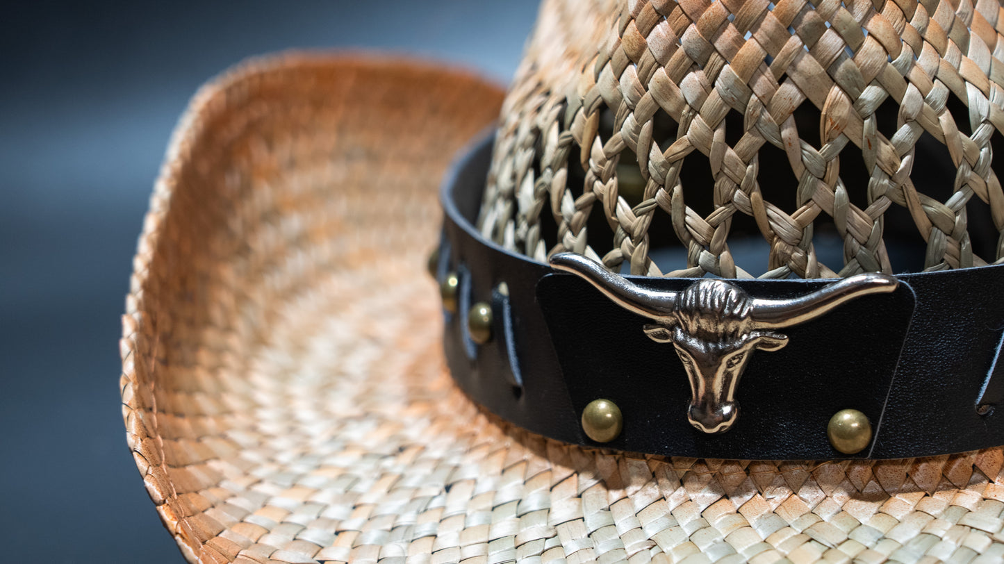 Cowhead leather band Hand-Woven Straw Cowboy Hat